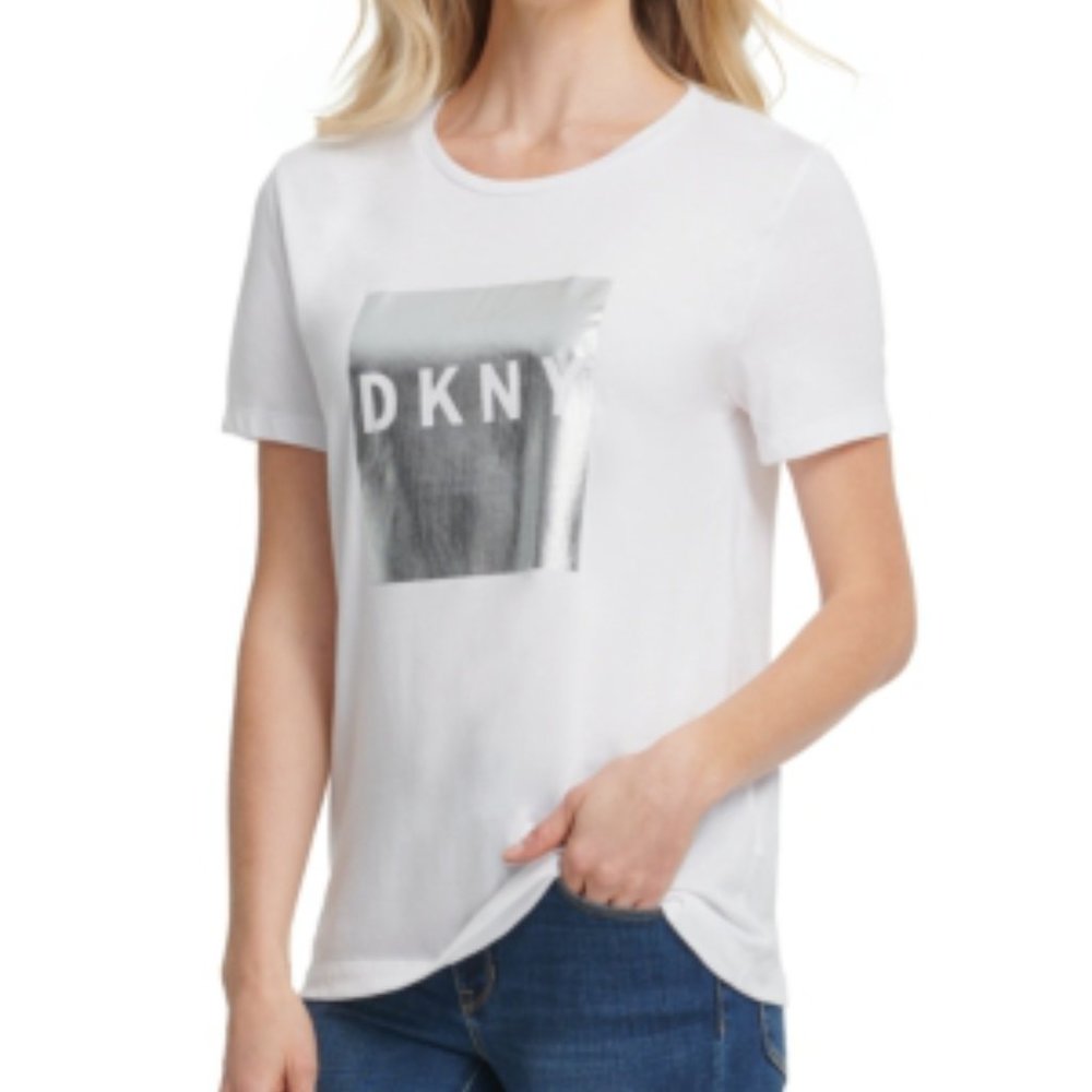 DKNY White and Metallic T-Shirt